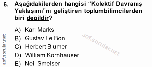 6. soru: Aşağıdakilerden hangisi "Kolektif Davranış Yaklaşımı"nı geliştiren toplumbilimcilerden biri değildir? A) Karl Marks B…