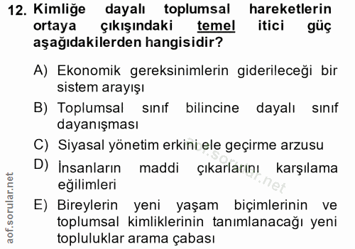 12. soru: Kimliğe dayalı toplumsal hareketlerin ortaya çıkışındaki temel itici güç aşağıdakilerden hangisidir? A) Ekonomik gere…