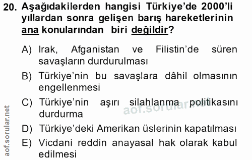20. soru: Aşağıdakilerden hangisi Türkiye'de 2000'li yıllardan sonra gelişen barış hareketlerinin ana konularından biri değildi…