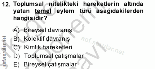 12. soru: Toplumsal nitelikteki hareketlerin altında yatan temel eylem türü aşağıdakilerden hangisidir? A) Bireysel davranış B)…