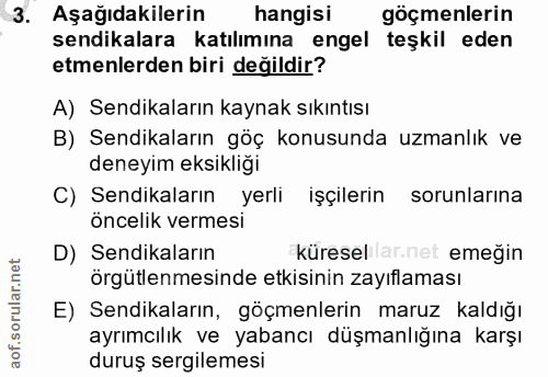 3. soru: Aşağıdakilerin hangisi göçmenlerin sendikalara katılımına engel teşkil eden etmenlerden biri değildir? A) Sendikaları…
