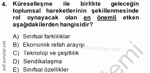 4. soru: Küreselleşme ile birlikte geleceğin toplumsal hareketlerinin şekillenmesinde rol oynayacak olan en önemli etken aşağı…