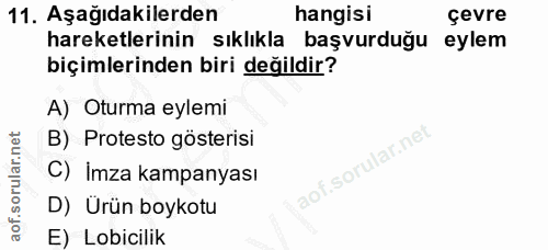 11. soru: Aşağıdakilerden hangisi çevre hareketlerinin sıklıkla başvurduğu eylem biçimlerinden biri değildir? A) Oturma eylemi…