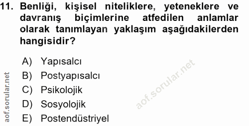 11. soru: Benliği, kişisel niteliklere, yeteneklere ve davranış biçimlerine atfedilen anlamlar olarak tanımlayan yaklaşım aşağı…