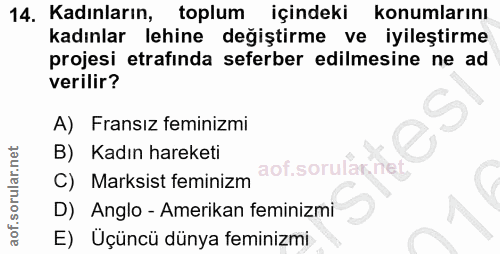 14. soru: Kadınların, toplum içindeki konumlarını kadınlar lehine değiştirme ve iyileştirme projesi etrafinda seferber edilmesi…