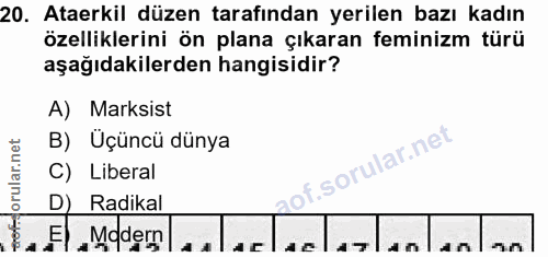 20. soru: Ataerkil düzen tarafından yerilen bazı kadın özelliklerini ön plana çıkaran feminizm türü aşağıdakilerden hangisidir?…