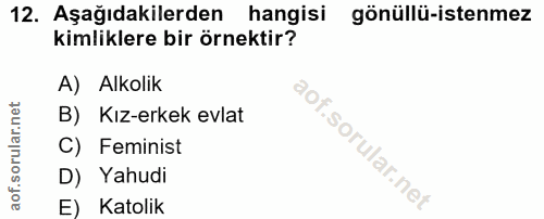 12. soru: Aşağıdakilerden hangisi gönüllü-istenmez kimliklere bir örnektir? A) Alkolik B) Kız-erkek evlat C) Feminist D) Yahudi…