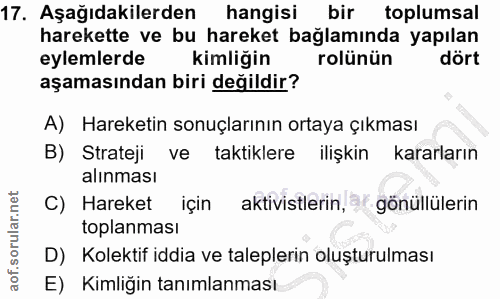 17. soru: Aşağıdakilerden hangisi bir toplumsal harekette ve bu hareket bağlamında yapılan eylemlerde kimliğin rolünün dört aşa…