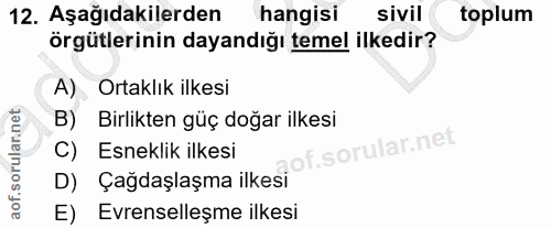 12. soru: Aşağıdakilerden hangisi sivil toplum örgütlerinin dayandığı temel ilkedir? A) Ortaklık ilkesi Birlikten güç doğar ilk…