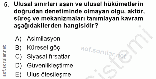 5. soru: Ulusal sınırları aşan ve ulusal hükümetlerin doğrudan denetiminde olmayan olgu, aktör, süreç ve mekanizmaları tanımla…