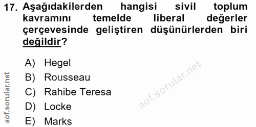 17. soru: Aşağıdakilerden hangisi sivil toplum kavramını temelde liberal değerler çerçevesinde geliştiren düşünürlerden biri de…