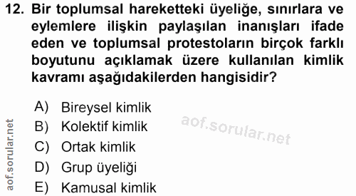 12. soru: Bir toplumsal hareketteki üyeliğe, sınırlara ve eylemlere ilişkin paylaşılan inanışları ifade eden ve toplumsal prote…