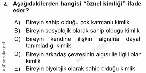 4. soru: Aşağıdakilerden hangisi "öznel kimliği" ifade eder? A) Bireyin sahip olduğu çok katmanlı kimlik B) Bireyin sosyolojik…