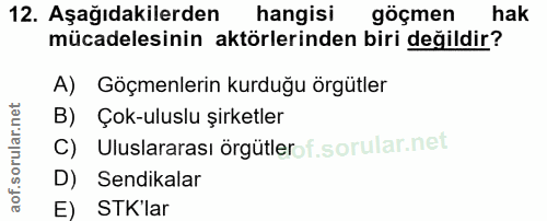 12. soru: Aşağıdakilerden hangisi göçmen hak mücadelesinin aktörlerinden biri değildir? A) Göçmenlerin kurduğu örgütler B) Çok-…