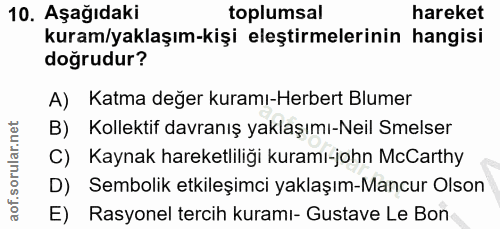 10. soru: Aşağıdaki toplumsal hareket kuram/yaklaşım-kişi eleştirmelerinin hangisi doğrudur? A) Katma değer kuramı-Herbert Blum…