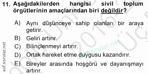 11. soru: Aşağıdakilerden hangisi sivil toplum örgütlerinin amaçlarından biri değildir? A) Aynı düşünceye sahip olanları bir ar…