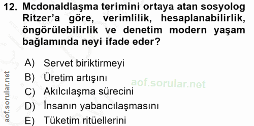 12. soru: Mcdonaldlaşma terimini ortaya atan sosyolog Ritzer'a göre, verimlilik, hesaplanabilirlik, öngörülebilirlik ve denetim…