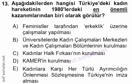 13. soru: Aşağıdakilerden hangisi Türkiye'deki kadın hareketinin 1980 erdeki en önemli kazanımlarından biri olarak görülür? A)…