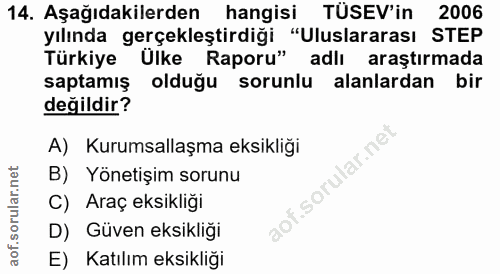 14. soru: Aşağıdakilerden hangisi TÜSEV'in 2006 yılında gerçekleştirdiği "Uluslararası STEP Türkiye Ülke Raporu" adlı araştırma…