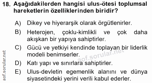 18. soru: Aşağıdakilerden hangisi ulus-ötesi toplumsal hareketlerin özelliklerinden biridir? A) Dikey ve hiyerarşik olarak örgü…