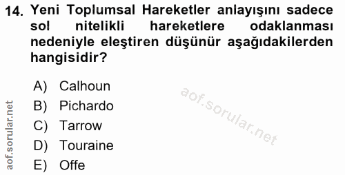 14. soru: Yeni Toplumsal Hareketler anlayışını sadece sol nitelikli hareketlere odaklanması nedeniyle eleştiren düşünür aşağıda…
