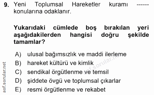 9. soru: Yeni Toplumsal Hareketler kuramı konularına odaklanır. Yukarıdaki cümlede boş bırakılan yeri aşağıdakilerden hangisi…