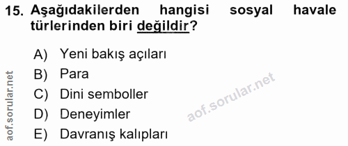 15. soru: Aşağıdakilerden hangisi sosyal havale türlerinden biri değildir? A) Yeni bakış açıları B) Para C) Dini semboller D) D…