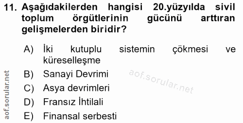 11. soru: Aşağıdakilerden hangisi 20.yüzyılda sivil toplum örgütlerinin gücünü arttıran gelişmelerden biridir? A) Iki kutuplu s…