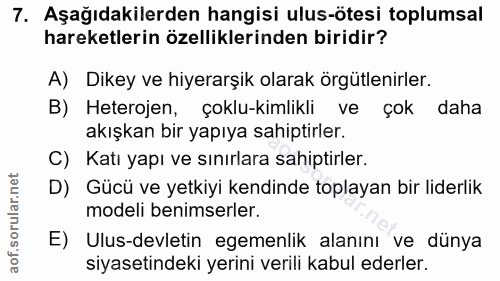 7. soru: Aşağıdakilerden hangisi ulus-ötesi toplumsal hareketlerin özelliklerinden biridir? A) Dikey ve hiyerarşik olarak örgü…