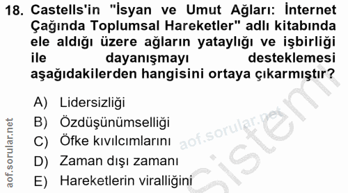 18. soru: Castells'in "İsyan ve Umut Ağları: İnternet Çağında Toplumsal Hareketler" adlı kitabında ele aldığı üzere ağların yat…