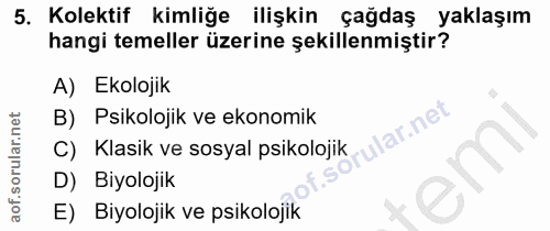5. soru: Kolektif kimliğe ilişkin çağdaş yaklaşım hangi temeller üzerine şekillenmiştir? A) Ekolojik B) Psikolojik ve ekonomik…