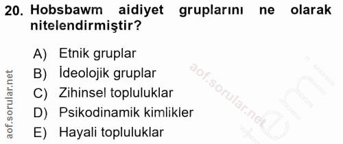 20. soru: Hobsbawm aidiyet gruplarını ne olarak nitelendirmiştir? A) Etnik gruplar B) Ideolojik gruplar C) Zihinsel topluluklar…