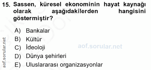 15. soru: Sassen, küresel ekonominin hayat kaynağı olarak aşağıdakilerden hangisini göstermiştir? A) Bankalar B) Kültür C) Ideo…