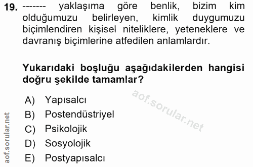 19. soru: yaklaşıma göre benlik, bizim kim olduğumuzu belirleyen, kimlik duygumuzu biçimlendiren kişisel niteliklere, yetenekle…