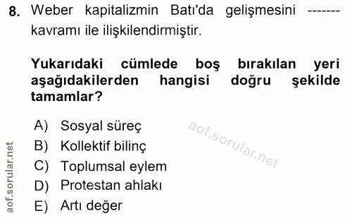 8. soru: Weber kapitalizmin Batı'da gelişmesini kavramı ile ilişkilendirmiştir. Yukarıdaki cümlede boş birakılan yeri aşağıdak…
