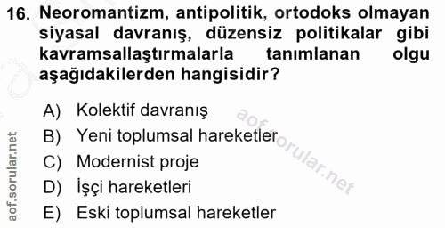 16. soru: Neoromantizm, antipolitik, ortodoks olmayan siyasal davranış, düzensiz politikalar gibi kavramsallaştırmalarla taniml…