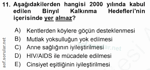 11. soru: Aşağıdakilerden hangisi 2000 yılında kabul edilen Binyıl Kalkınma Hedefleri'nin içerisinde yer almaz? A) Kentlerden k…