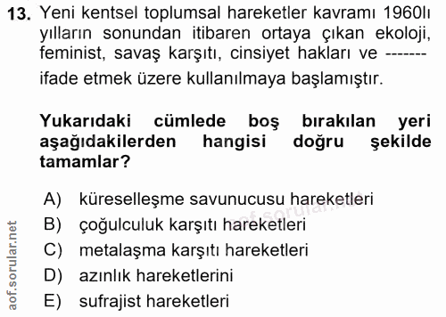 13. soru: Yeni kentsel toplumsal hareketler kavramı 1960lı yılların sonundan itıbaren ortaya çıkan ekoloji, feminist, savaş kar…