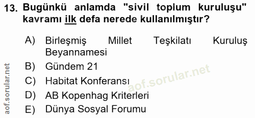 13. soru: Bugünkü anlamda "sivil toplum kuruluşu" kavramı ilk defa nerede kullanılmıştır? A) Birleşmiş Millet Teşkilatı Kuruluş…