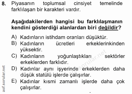 8. soru: Piyasanın toplumsal cinsiyet temelinde farklılaşan bir karakteri vardır. Aşağıdakilerden hangisi bu farklılaşmanın ke…