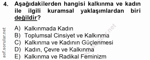 4. soru: Aşağıdakilerden hangisi kalkınma ve kadın ile ilgili kuramsal yaklaşımlardan biri değildir? A) Kalkınmada Kadın B) To…
