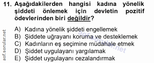 11. soru: Aşağıdakilerden hangisi kadına yönelik şiddeti önlemek için devletin pozitif ödevlerinden biri değildir? A) Kadına yö…