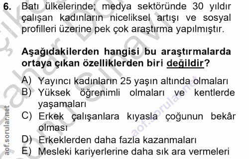 6. soru: Batı ülkelerinde; medya sektöründe 30 yıldır çalışan kadınların niceliksel artışı ve sosyal profilleri üzerine pek ço…