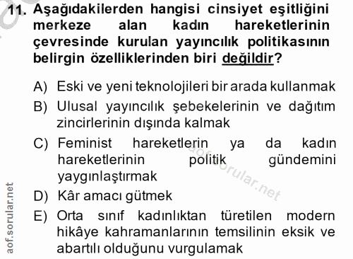 11. soru: Aşağıdakilerden hangisi cinsiyet eşitliğini merkeze alan kadın hareketlerinin çevresinde kurulan yayıncılık politikas…