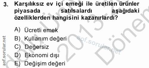 3. soru: Karşılıksız ev içi emeği ile üretilen ürünler piyasada satılsalardı aşağıdaki özelliklerden hangisini kazanırlardı? A…