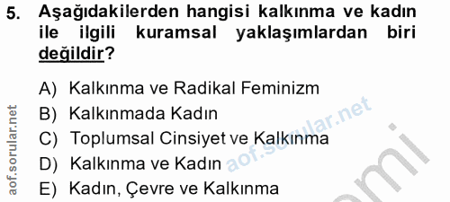 5. soru: Aşağıdakilerden hangisi kalkınma ve kadın ile ilgili kuramsal yaklaşımlardan biri değildir? A) Kalkınma ve Radikal Fe…