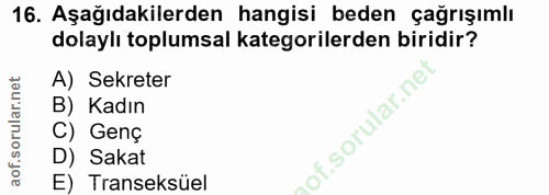16. soru: Aşağıdakilerden hangisi beden çağrışımlı dolaylı toplumsal kategorilerden biridir? A) Sekreter B) Kadın of.sorular.ne…
