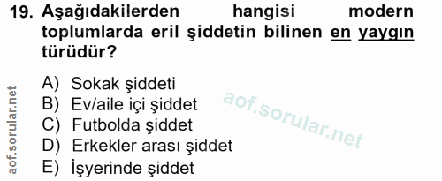 19. soru: Aşağıdakilerden hangisi modern toplumlarda eril şiddetin bilinen en yaygın türüdür? A) Sokak şiddeti B) Ev/aile içi ş…