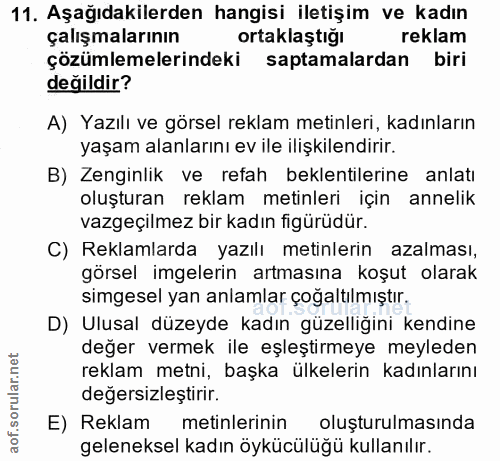 11. soru: Aşağıdakilerden hangisi iletişim ve kadın çalışmalarının ortaklaştığı reklam çözümlemelerindeki saptamalardan biri de…