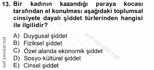 13. soru: Bir kadının kazandığı paraya kocası tarafından el konulması aşağıdaki toplumsal cinsiyete dayalı şiddet türlerinden h…
